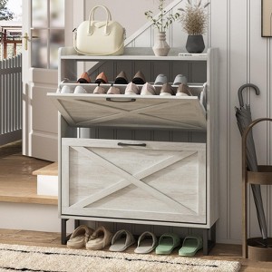 Narrow Shoe Rack Cabinet with Flip Drawers, Hidden Golden Handles - 1 of 4