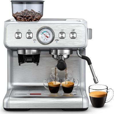 Kismile Espresso Machine 15 Bar, Semi-Automatic Coffee Maker with Bean Grinder and Milk Frother Steam Wand, for Cappuccino, Latte, Stainless Steel