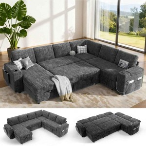 Vipbear 110" Modular Sectional Sleeper Sofa with Pull Out Bed, 7 Seat Chenille L Shaped Couch with Reclining Backrest|USB Ports Tool Free Assembly - 1 of 4