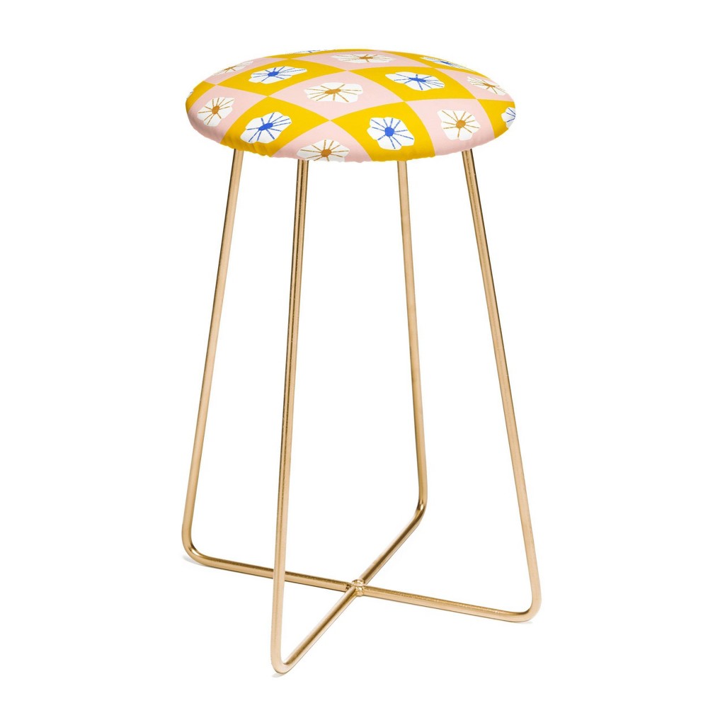 Photos - Chair Maritza Lisa White Checkered Flowers Counter Height Barstool Yellow/Gold - Deny Designs: Modern Faux Leather, Steel Legs
