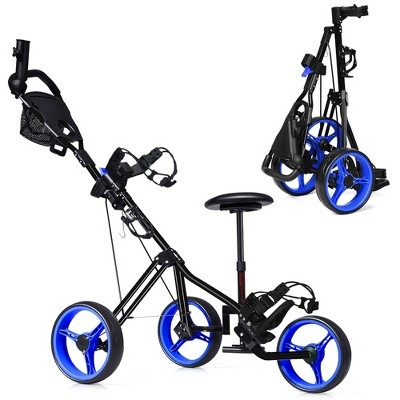 Foldable 3 Wheel Push Pull Golf Club Cart Trolley w/Seat Scoreboard Bag Red/Blue