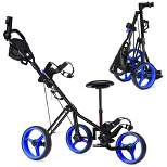 Foldable 3 Wheel Push Pull Golf Club Cart Trolley w/Seat Scoreboard Bag Red/Blue