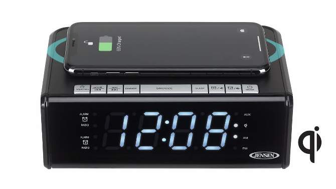 JENSEN QiCR-200 AM/FM Digital Dual Alarm Clock Radio with Wireless Qi Charging, 2 of 7, play video