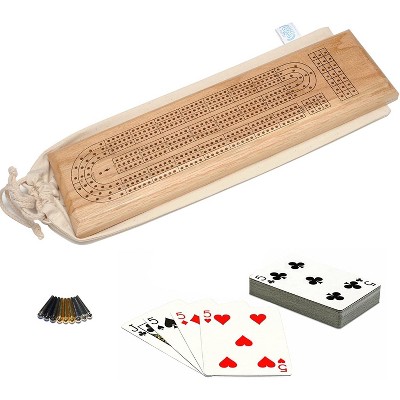 WE Games Deluxe Cribbage Set - Solid Oak Wood Continuous 3 Track Board with Easy Grip Pegs, Deck of Cards & Canvas Storage Bag