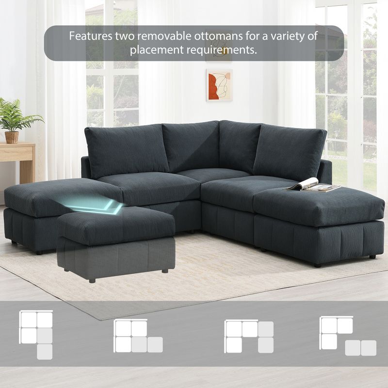 93"W 5-Seater Down Filled Upholstered Sectional Sofa Set with Convertible Ottomans, White/ Dark Grey, 4A -ModernLuxe, 3 of 16