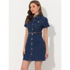 Allegra K Women's Collar Roll Up Short Sleeve Belted Button-Up Denim Shirt Dresses - 3 of 4