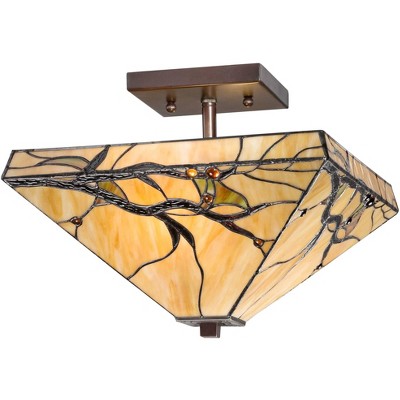 Robert Louis Tiffany Mission Ceiling Light Semi Flush Mount Fixture Bronze 14" Wide Budding Branch Art Glass for Bedroom