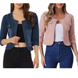 INSPIRE CHIC Women's Collarless Pockets 3/4 Sleeve Crop Denim Jackets 2 Pieces - 1 of 4