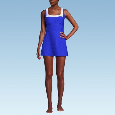 Lands' End Women's Texture Square Neck Swim Dress Adjustable Straps