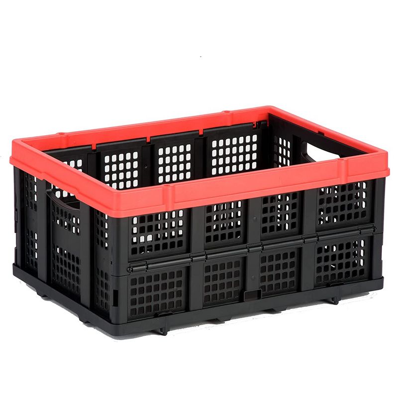Magna Cart Tote 22" x 16" x 11" Lightweight Collapsible and Stackable Plastic Storage Crate for Home Offices and Garages, Black/Red (3 Pack), 4 of 7