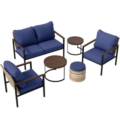 EAGLE PEAK Sunset Dune 6 Piece Collection Modern Outdoor Furniture Set, Patio Wicker Lounge Wood Grain