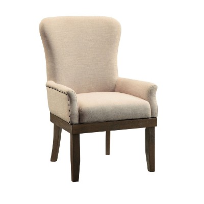 Wooden Armchair with Wing Back and Nailhead Trims Beige/Brown - Benzara