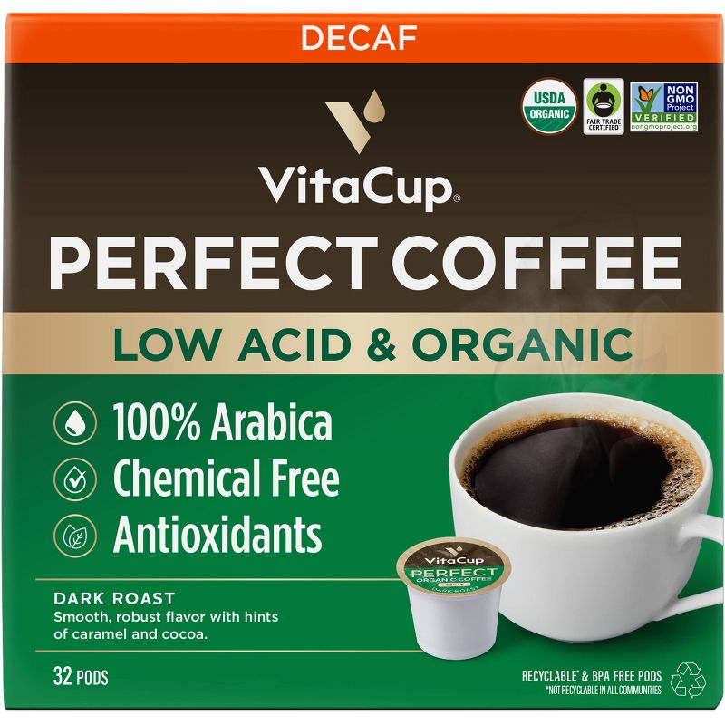 VitaCup Organic Decaf Perfect Dark Roast Low Acid Coffee Pod - 32ct, 1 of 10