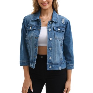 INSPIRE CHIC Women's 3/4 Sleeve Distressed Ripped Washed Button Down Cropped Jean Jackets - 1 of 4
