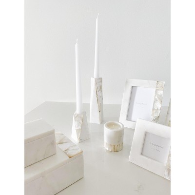 Anaya 8" White Marble & Mother of Pearl Large Candle Holder