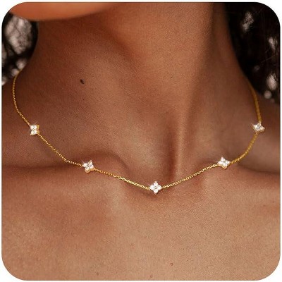 Dainty Silver Gold Necklaces for Women - HTUTWOO™ 14K Gold Plated Cubic Zirconia Necklace, for Wedding Prom Brides Jewelry