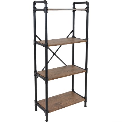 Sunnydaze 4 Shelf Industrial Style Pipe Frame Freestanding Bookshelf with Wood Veneer Shelves - Teak