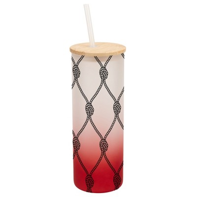 Elanze Designs Nautical Knotted Rope Pattern Wrap-Around Design 25 Ounce Frosted Gradient Glass On-The-Go Coffee Travel Skinny Tumbler Mug Cup, Bamboo