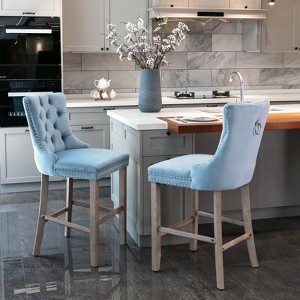 VYNXARIA Contemporary Velvet Upholstered Barstools with Button Tufted Decoration and Wooden LegsSet of 2 (Light Blue) - 1 of 4