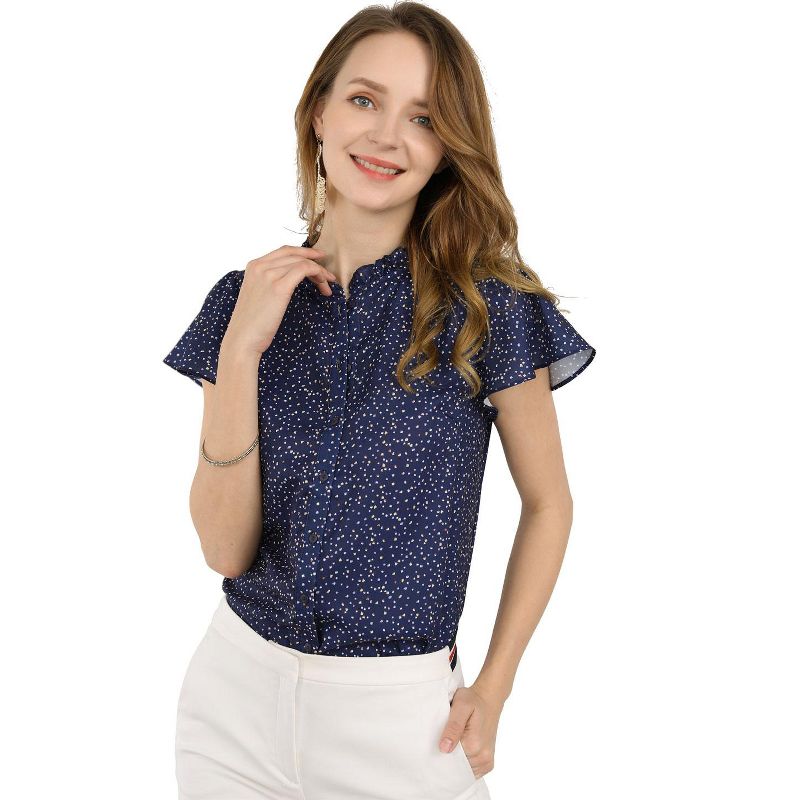 Allegra K Women's Dots Print Ruffle Short Sleeve Button Up Shirts, 1 of 8