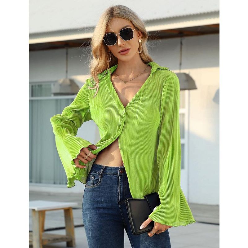 Women Deep V Neck Blouse Long Flared Sleeve Tops Button Front Dressy Casual Shirts Top, 3 of 6
