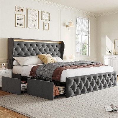 Homhougo King LED Platform Bed Frame with Charging Station, Velvet Upholstered Bed Frame with Button Wingback Headboard, No Box Spring Needed, Gray