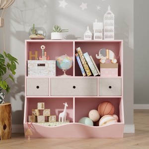Kids Toy Storage Organizer with 3 Movable Drawers and 5-Section Bookshelf - 3-Tier Large Toy Cabinet for Playroom, Kindergarten, and School - 1 of 4