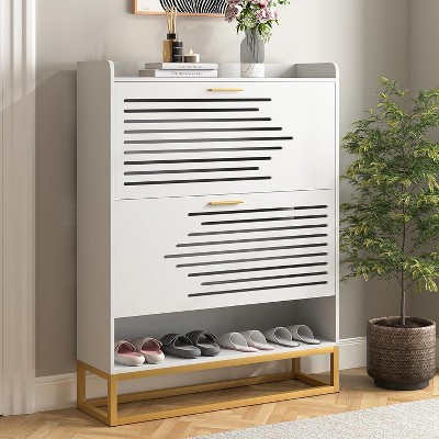 CIPACHO Entryway Narrow Shoe Cabinet 2 Flip Drawers Slim Hidden Shoe Rack with Metal Leg for Hallway