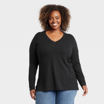 Women's Long Sleeve V-Neck T-Shirt - Ava & Viv™ Black 1X