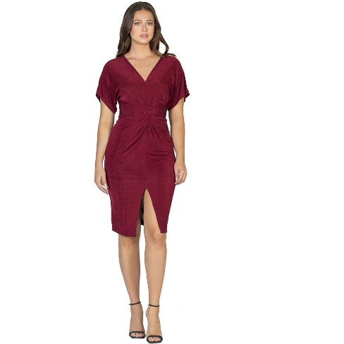 24seven Comfort Apparel Womens Short Sleeve V Neck Twist Front Split Hem  Dress-Wine-1X