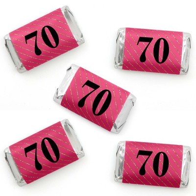 Big Dot of Happiness Chic 70th Birthday - Pink, Black and Gold - Mini Candy Bar Wrapper Stickers - Birthday Party Small Favors - 40 Count