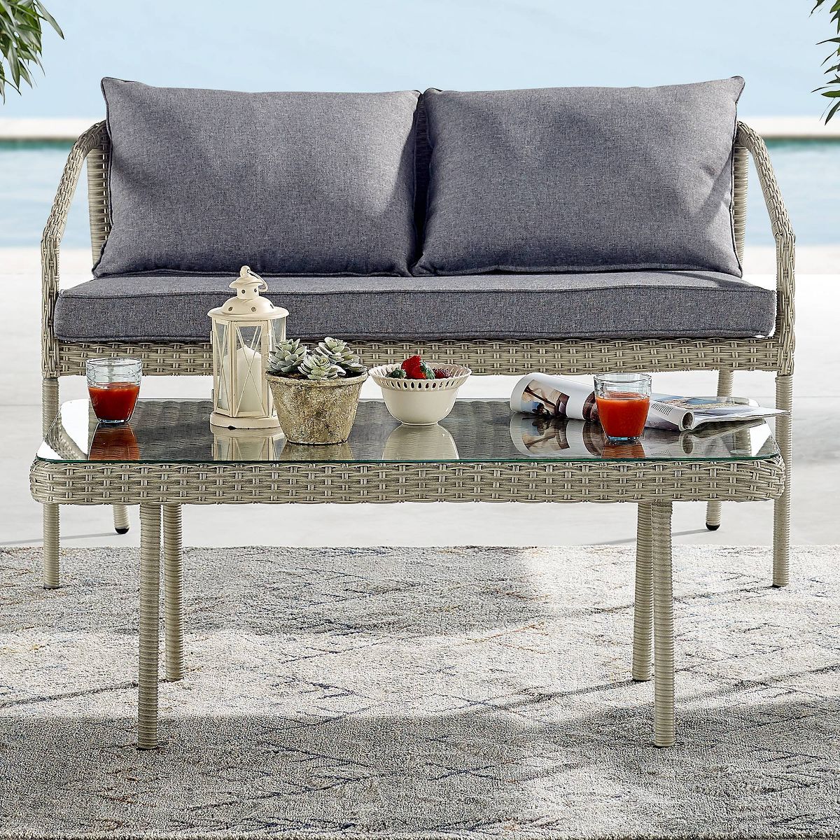 All-Weather Wicker Windham Outdoor Coffee Table with Glass Top Gray - Alaterre Furniture
