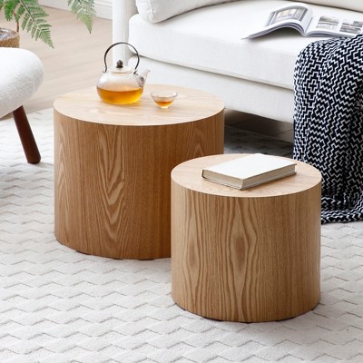 Set of 2 Nesting Round Coffee Tables with MDF and Veneer Tops, Modern Design for Living Room, Office, or Bedroom