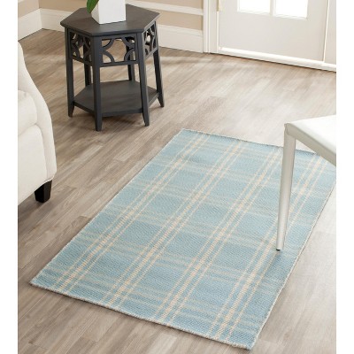 Light Blue Plaid Wool and Cotton Flat Woven Rug