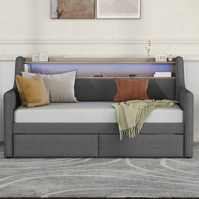 Twin Size Daybed with Storage Drawers, Upholstered Daybed with Charging Station and LED Lights, Twin Size PU Leather Daybed Sofa Bed, Gray