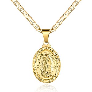 Virgin Mary Guadalupe Pendant Necklace 18K Gold Plated 3mm Mariner Chain - 1 of 4