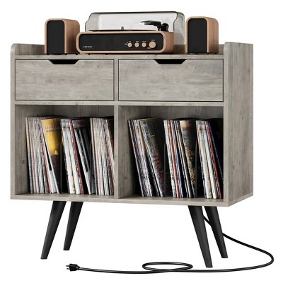 Garvee Record Player Table Stand with Storage Drawers, Vinyl Record Table Cabinet with Power Outlet, Bookshelf for Living Room, Bedroom, Office, Gray