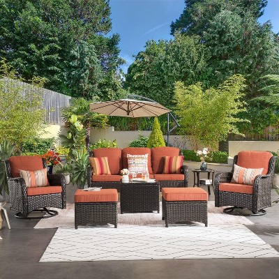 XIZZI Wicker Patio Furniture Set with 3-Seat Sofa, Swivel Rocking Armchairs & Ottomans & Side Table, Modular Sectional Outdoor Conversation Sofa Set