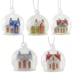 Holiday Ornament 2.25" Frosty Abobe Globe Set/5 Mini Putz Paper House  -