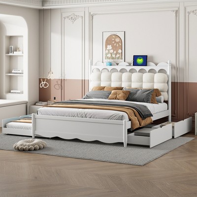 Queen Size Wooden Storage Platform Bed with 2 Drawers and Twin-XL Size Trundle, Bed Frame with Upholstered Headboard & USB Ports - ModernLuxe