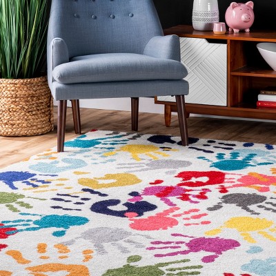 Multicolor Handprint Round Synthetic Kids Rug