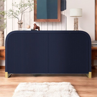 Alilang 59.80 Inch Modern Ribbed Accent Cabinet with Rounded Corners and Gold Base-Navy Blue
