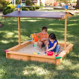 Tierra Garden Wooden Children's Sandbox with Retractable Roof 4.66 ft. W x 4.66 ft. L x 4.33 ft. H - 1 of 4