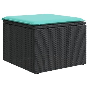 vidaXL Patio Stool with Cushion - Black PE Rattan Outdoor Ottoman -Sturdy Powder-Coated Steel Frame-Removable Blue Cushion Cover -21.7"x 21.7"x 14.6" - 1 of 4