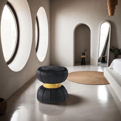 Sapphtopaz Modern Hourglass Ottoman with Upholstered Velvet Stool with Tufted&Gold Finish Metal Band Round Footstool for Living Room, Entryway