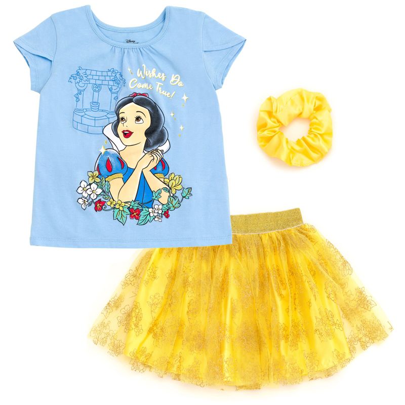 Disney Moana Princess Frozen Rapunzel Jasmine Belle Girls T-Shirt Tulle Skirt and Scrunchie 3 Piece Outfit Set Toddler, 1 of 7
