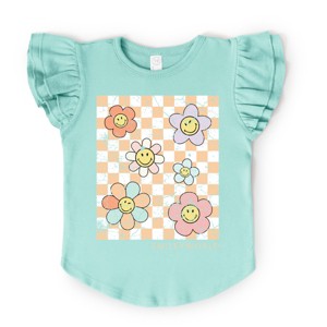 The Juniper Shop SmileyWorld Checkered Floral Distressed Flutter Sleeve Tee - 1 of 4