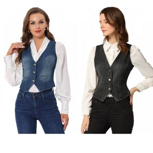 INSPIRE CHIC Women's Denim Sleeveless V Neck Button Down Casual Waistcoat Vest 2 Packs - 1 of 4