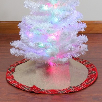 Rustic Burlap Mini Christmas Tree Skirt with Red Plaid Border