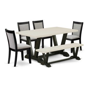 HomeStock 6-Piece Rectangle Natural Oak Finish Solid Wood Top Dining Table with 1-Bench, 4 Upholstered-Chairs - 1 of 4